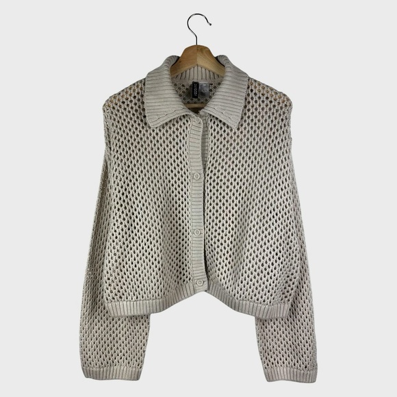 H&M Sweaters - H&M Beige Open-Knit Button-Down Cardigan with Ribbed Collar